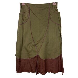 OHM L Olive Pink Boho Midi Skirt Ruffle Hem Lagenlook Layered